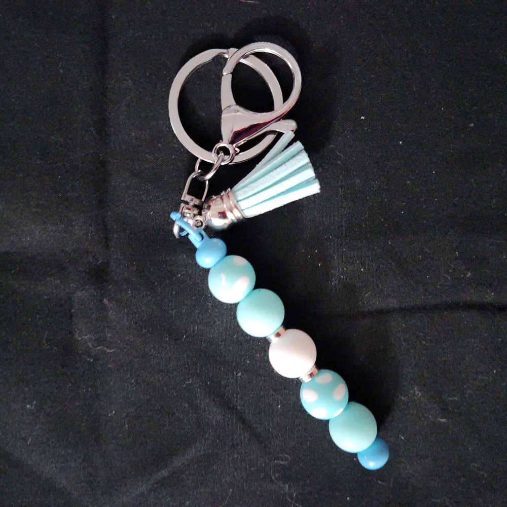 Blue and White Beaded Keychain with Tassel